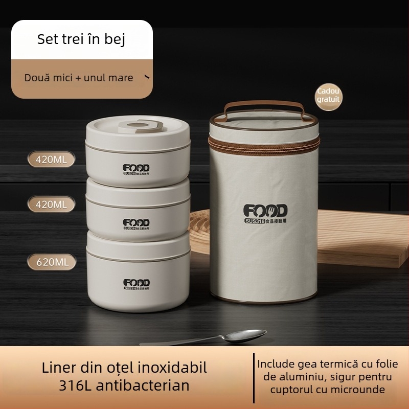Cutie pentru prânz din oțel inoxidabil 316, izolată, compatibilă cu microunde, cu dublu strat, rotundă