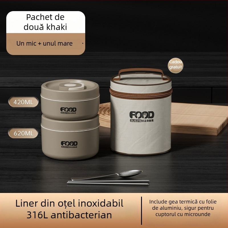 Cutie pentru prânz din oțel inoxidabil 316, izolată, compatibilă cu microunde, cu dublu strat, rotundă