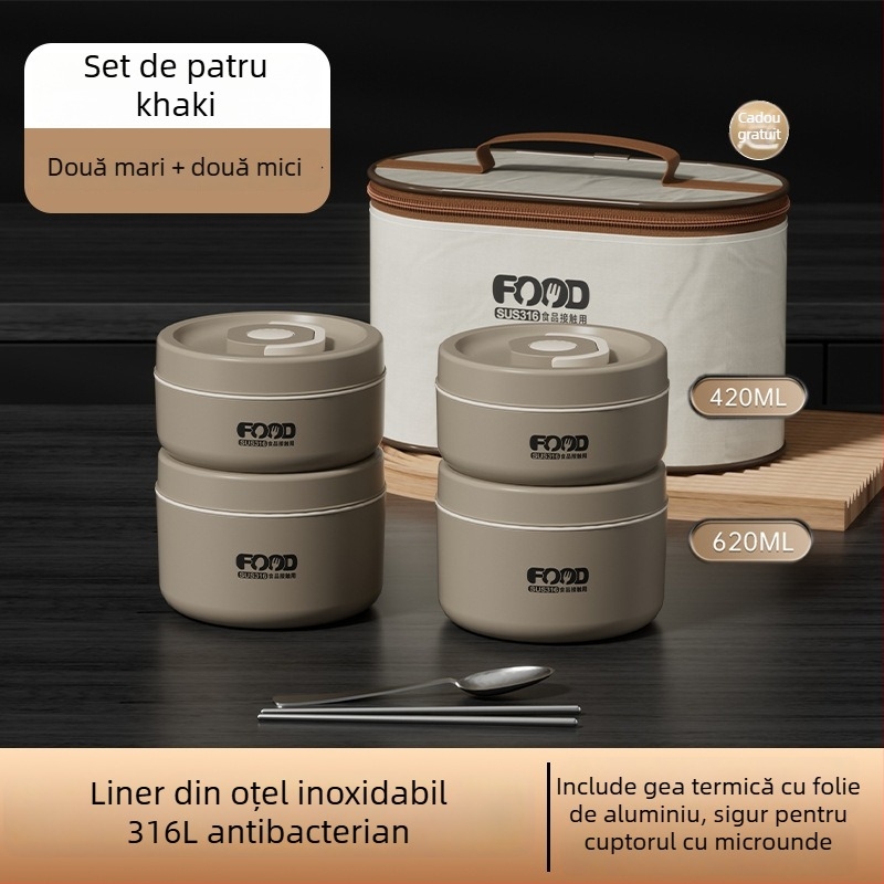 Cutie pentru prânz din oțel inoxidabil 316, izolată, compatibilă cu microunde, cu dublu strat, rotundă