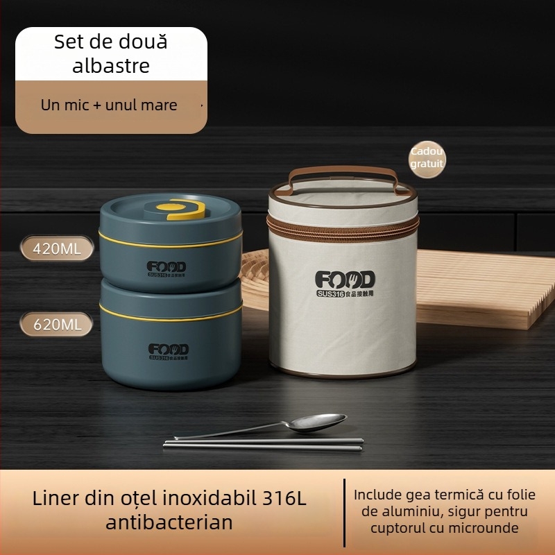 Cutie pentru prânz din oțel inoxidabil 316, izolată, compatibilă cu microunde, cu dublu strat, rotundă