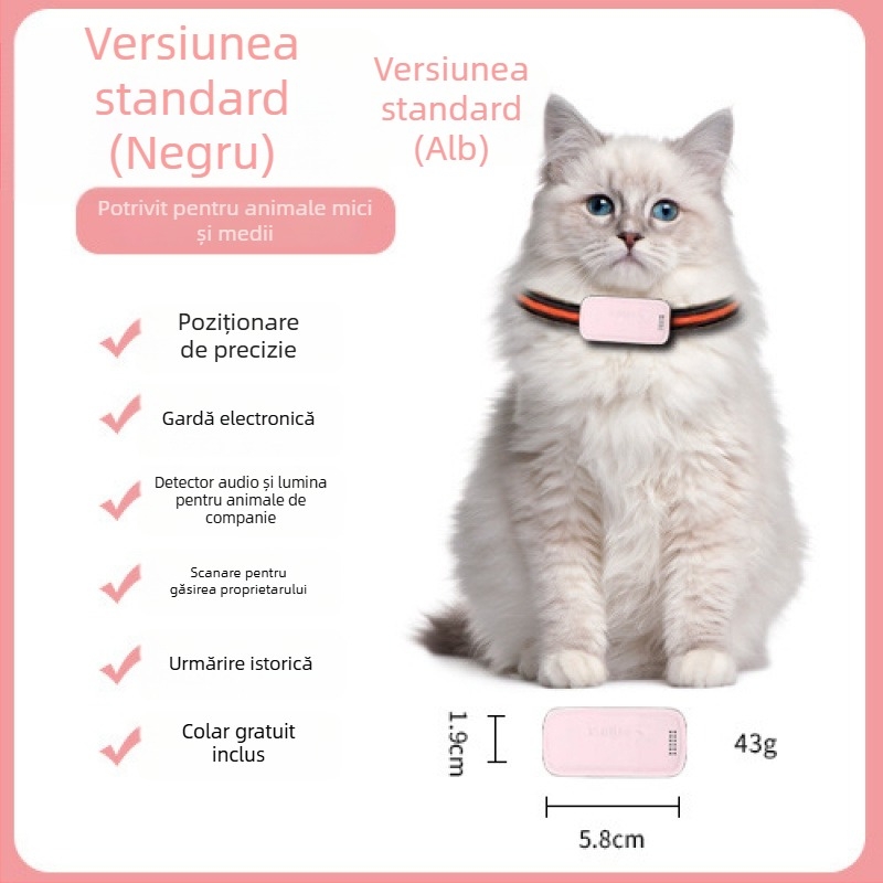 Localizator GPS pentru animale de companie: pisici și câini, poziționare precisă, model T05a, baterie 1200mAh, carcasă ABS/PC, compatibil cu iOS