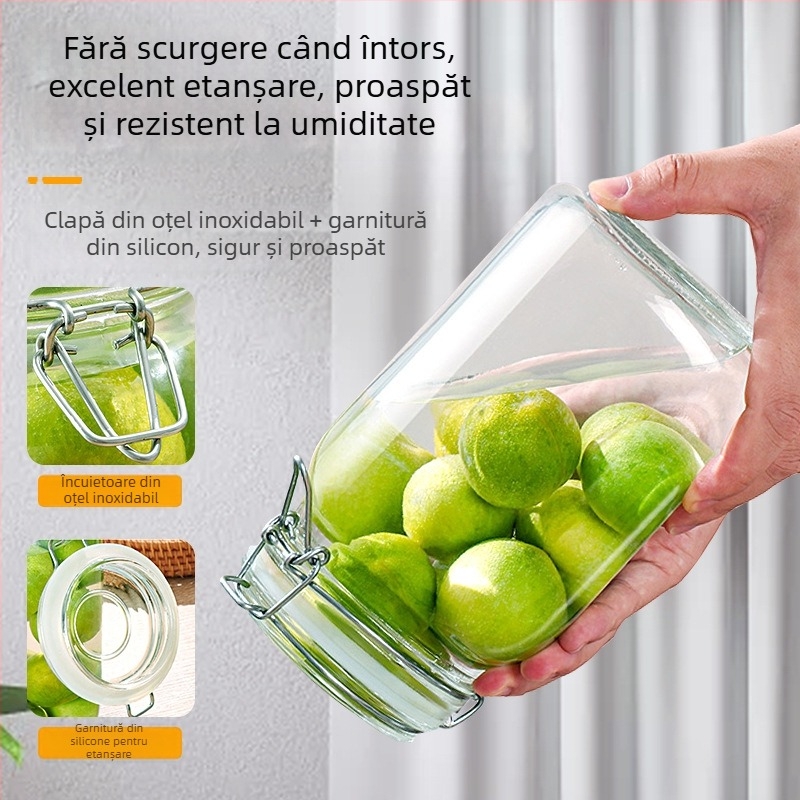 Borcan rotund din sticlă, cu capac cu încuietoare, pentru conservare alimentară, fără plumb, 800-1000 ml