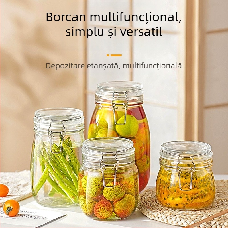 Borcan rotund din sticlă, cu capac cu încuietoare, pentru conservare alimentară, fără plumb, 800-1000 ml