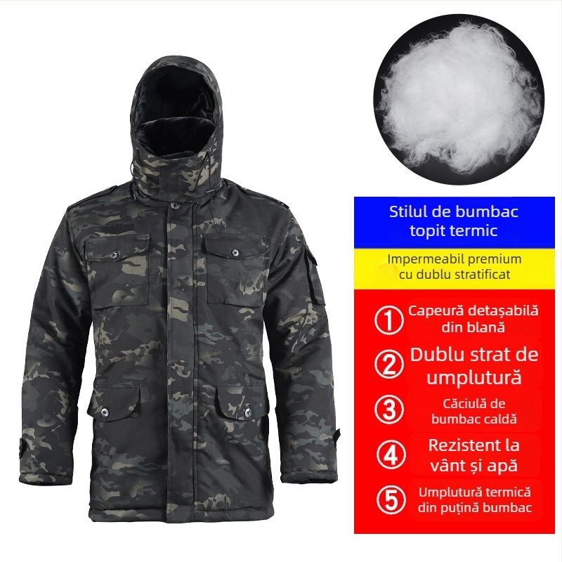 Palton de iarnă camuflaj pentru bărbați, căptușit cu bumbac, impermeabil, stil militar