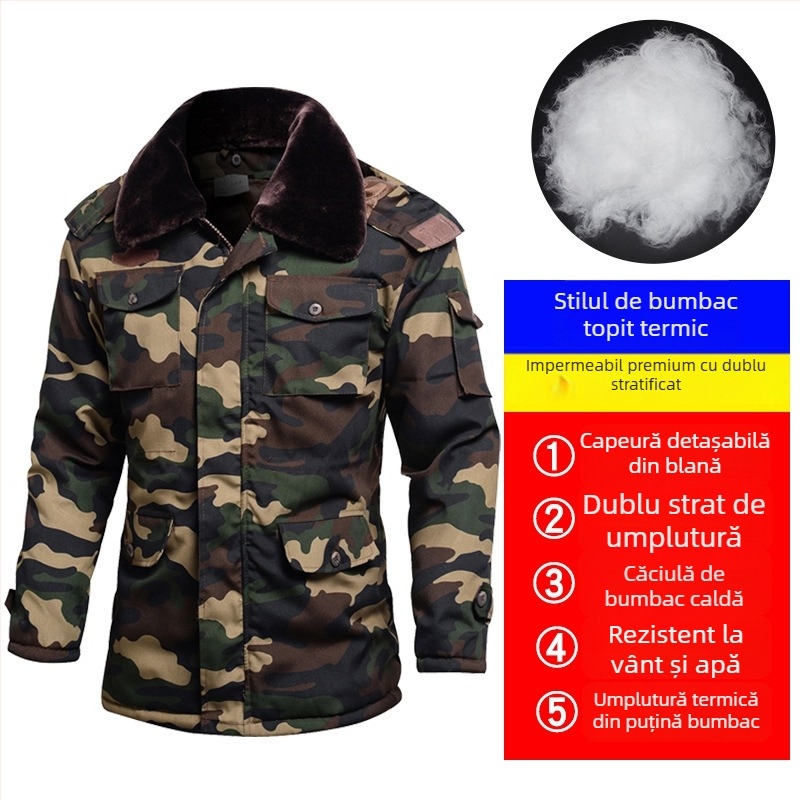Palton de iarnă camuflaj pentru bărbați, căptușit cu bumbac, impermeabil, stil militar