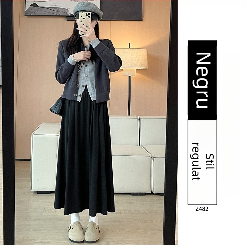 Ruitong fustă în linie A, lungime midi, cu buzunare, model solid, amestec poliester-viscoză