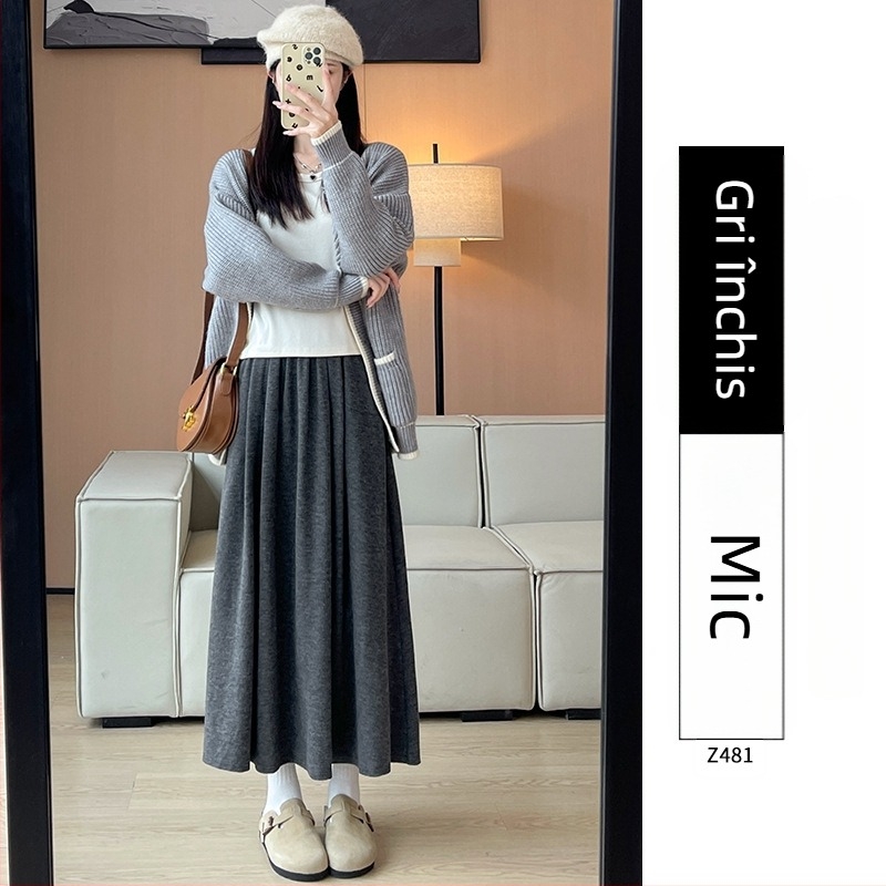 Ruitong fustă în linie A, lungime midi, cu buzunare, model solid, amestec poliester-viscoză