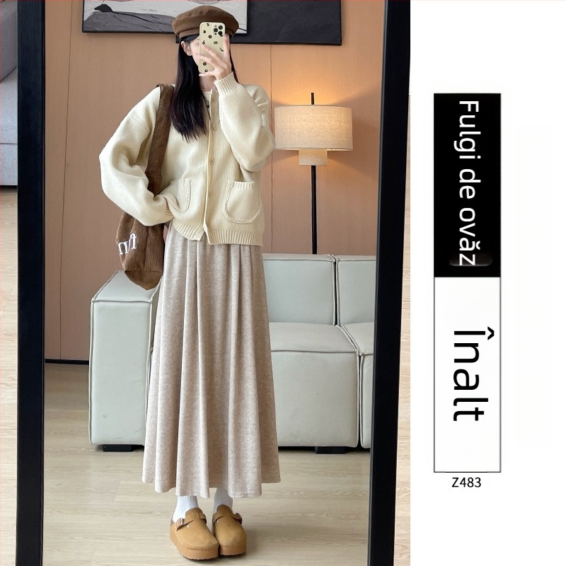 Ruitong fustă în linie A, lungime midi, cu buzunare, model solid, amestec poliester-viscoză