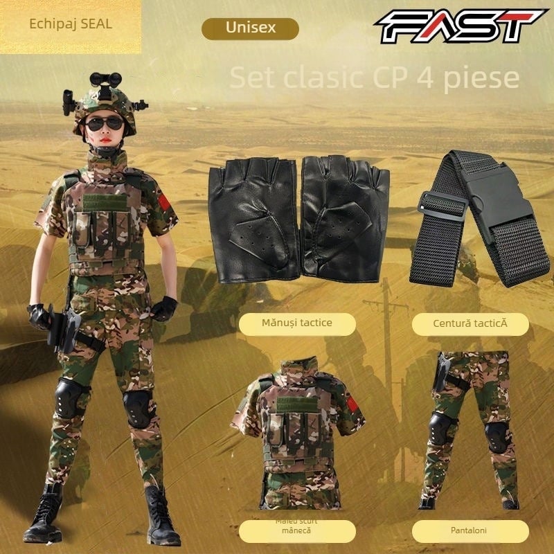 Set de antrenament camuflaj pentru copii, unisex, țesătură cu imitație fină, model camuflaj, potrivit pentru vară, primăvară și toamnă