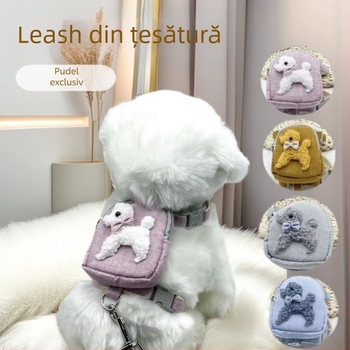 Lesă pentru animale de companie cu rucsac, ham pieptar și buzunar pentru gustări, pentru câini mici, retractabilă, material din pânză, Shen Chong Ju, modelul 038