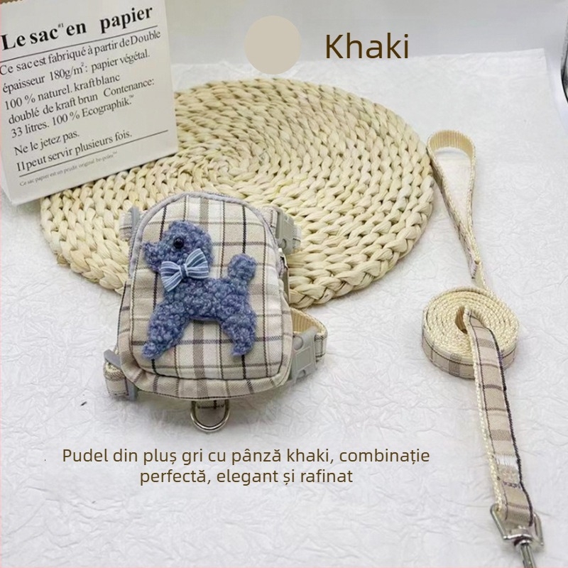 Lesă pentru animale de companie cu rucsac, ham pieptar și buzunar pentru gustări, pentru câini mici, retractabilă, material din pânză, Shen Chong Ju, modelul 038