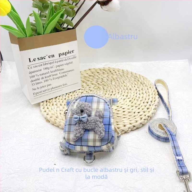 Lesă pentru animale de companie cu rucsac, ham pieptar și buzunar pentru gustări, pentru câini mici, retractabilă, material din pânză, Shen Chong Ju, modelul 038