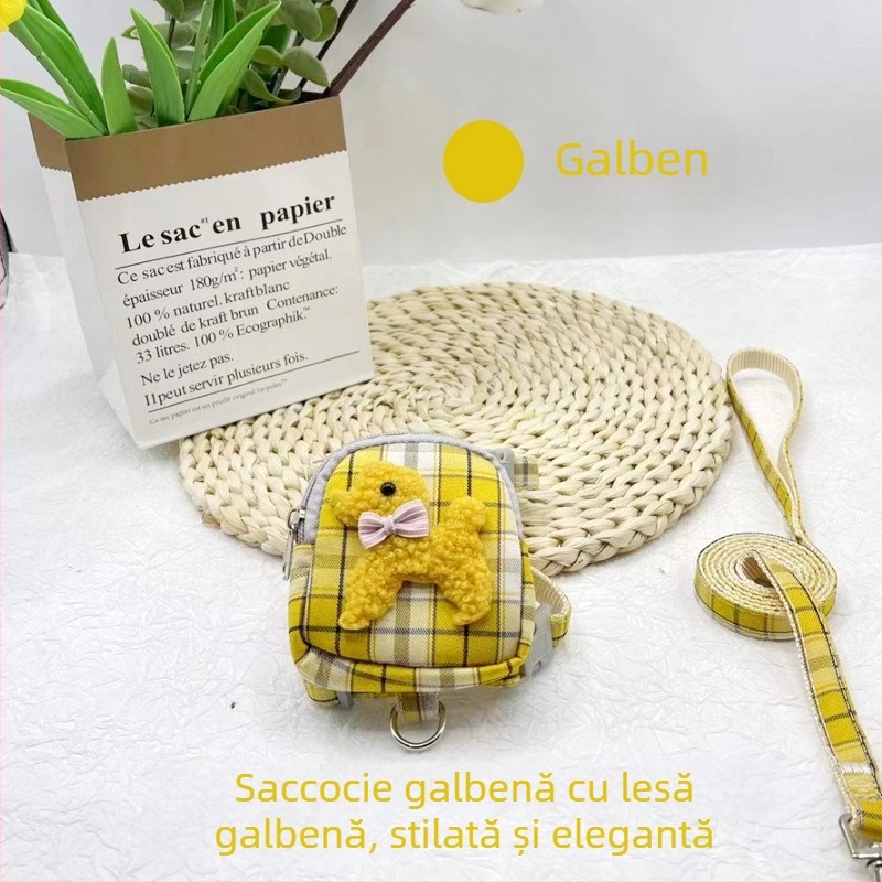 Lesă pentru animale de companie cu rucsac, ham pieptar și buzunar pentru gustări, pentru câini mici, retractabilă, material din pânză, Shen Chong Ju, modelul 038
