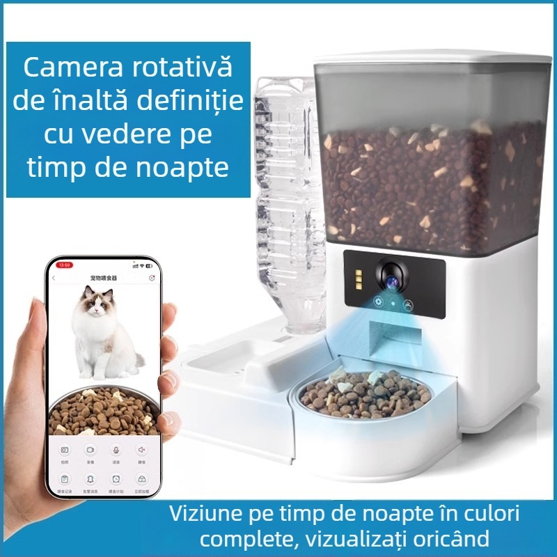 Hrănitoare inteligentă automată pentru animale de companie cu dozare programată, video și control vocal la distanță pentru pisici și câini