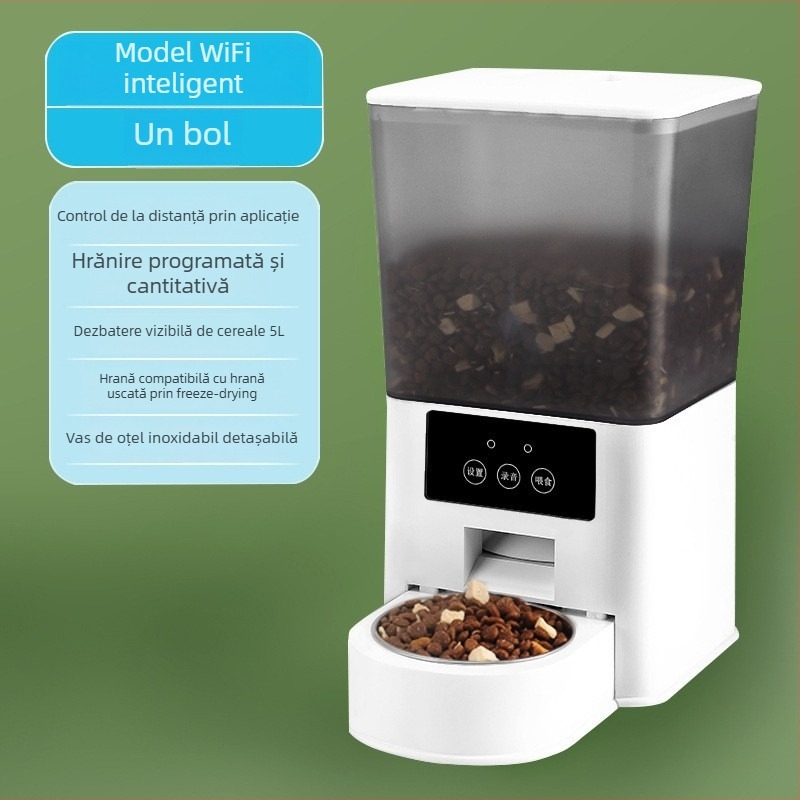 Hrănitoare inteligentă automată pentru animale de companie cu dozare programată, video și control vocal la distanță pentru pisici și câini