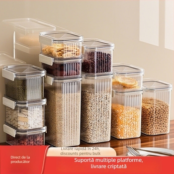 Recipient sigilat din plastic pentru cereale și bunuri uscate, pătrat, 1-2 L, stil modern minimalist, personalizare disponibilă, etichetă privată autorizată