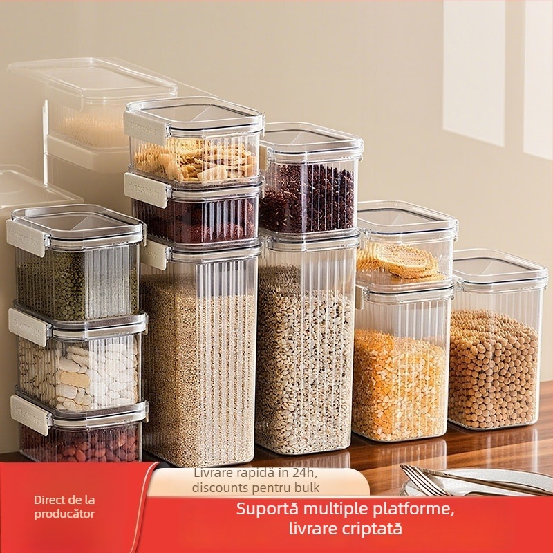 Recipient sigilat din plastic pentru cereale și bunuri uscate, pătrat, 1-2 L, stil modern minimalist, personalizare disponibilă, etichetă privată autorizată
