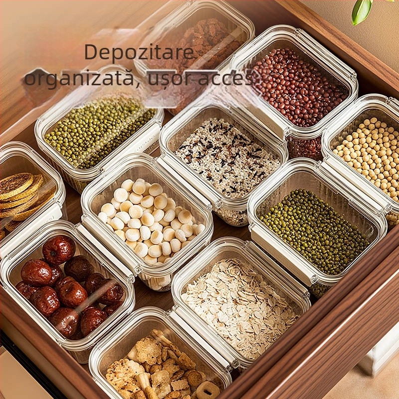 Recipient sigilat din plastic pentru cereale și bunuri uscate, pătrat, 1-2 L, stil modern minimalist, personalizare disponibilă, etichetă privată autorizată