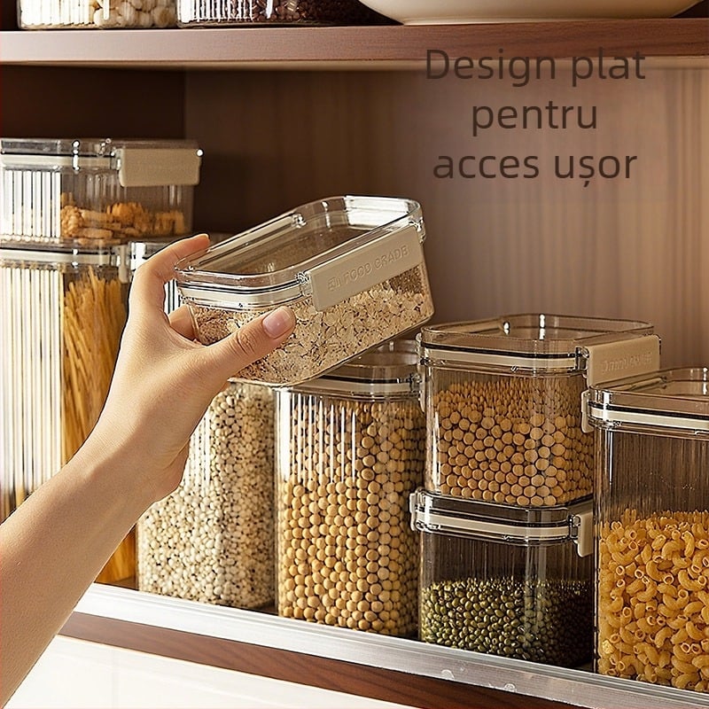 Recipient sigilat din plastic pentru cereale și bunuri uscate, pătrat, 1-2 L, stil modern minimalist, personalizare disponibilă, etichetă privată autorizată