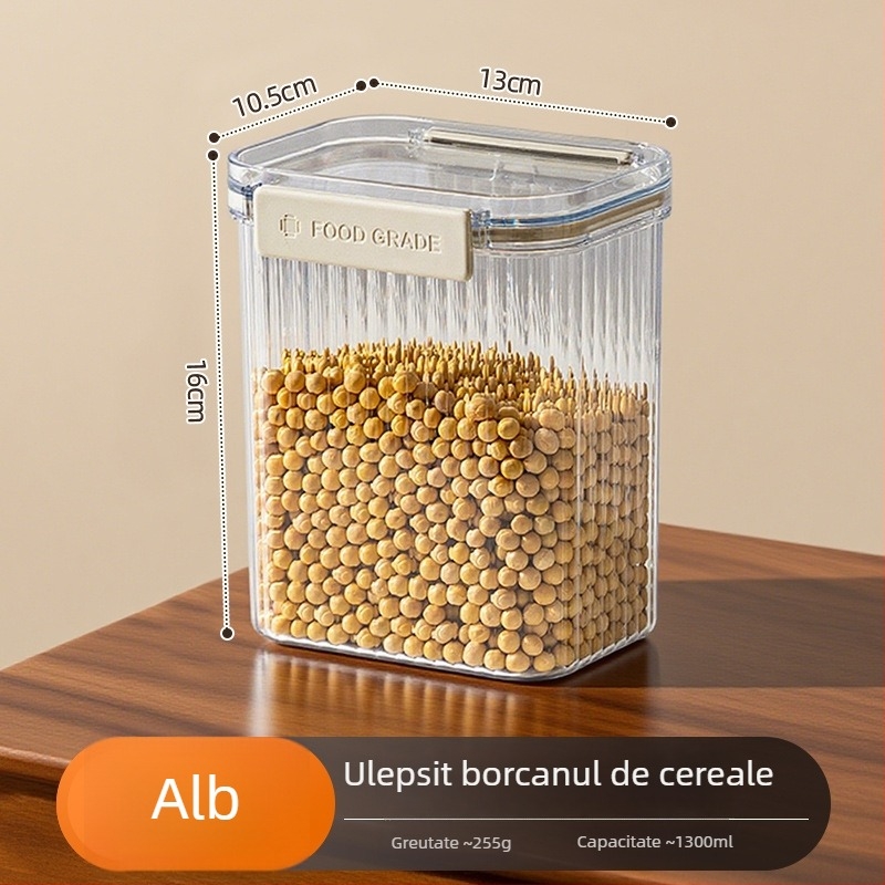 Recipient sigilat din plastic pentru cereale și bunuri uscate, pătrat, 1-2 L, stil modern minimalist, personalizare disponibilă, etichetă privată autorizată