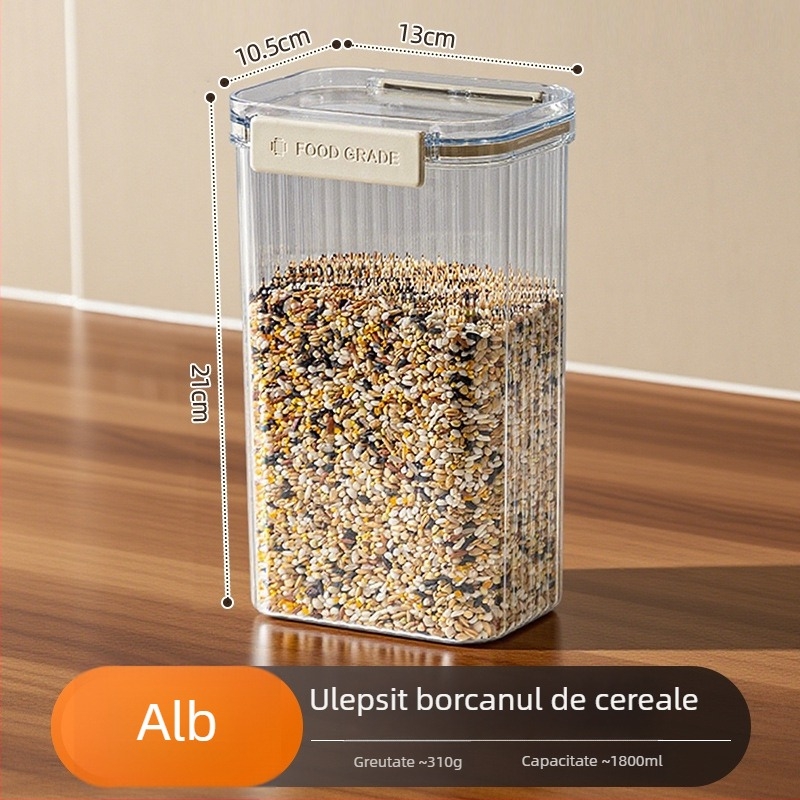 Recipient sigilat din plastic pentru cereale și bunuri uscate, pătrat, 1-2 L, stil modern minimalist, personalizare disponibilă, etichetă privată autorizată