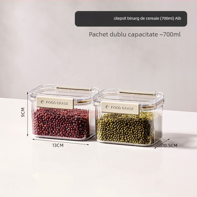 Recipient sigilat din plastic pentru cereale și bunuri uscate, pătrat, 1-2 L, stil modern minimalist, personalizare disponibilă, etichetă privată autorizată