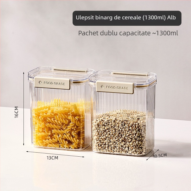 Recipient sigilat din plastic pentru cereale și bunuri uscate, pătrat, 1-2 L, stil modern minimalist, personalizare disponibilă, etichetă privată autorizată