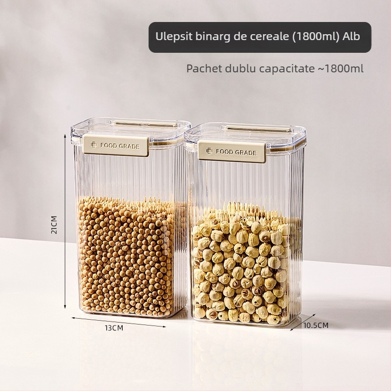 Recipient sigilat din plastic pentru cereale și bunuri uscate, pătrat, 1-2 L, stil modern minimalist, personalizare disponibilă, etichetă privată autorizată
