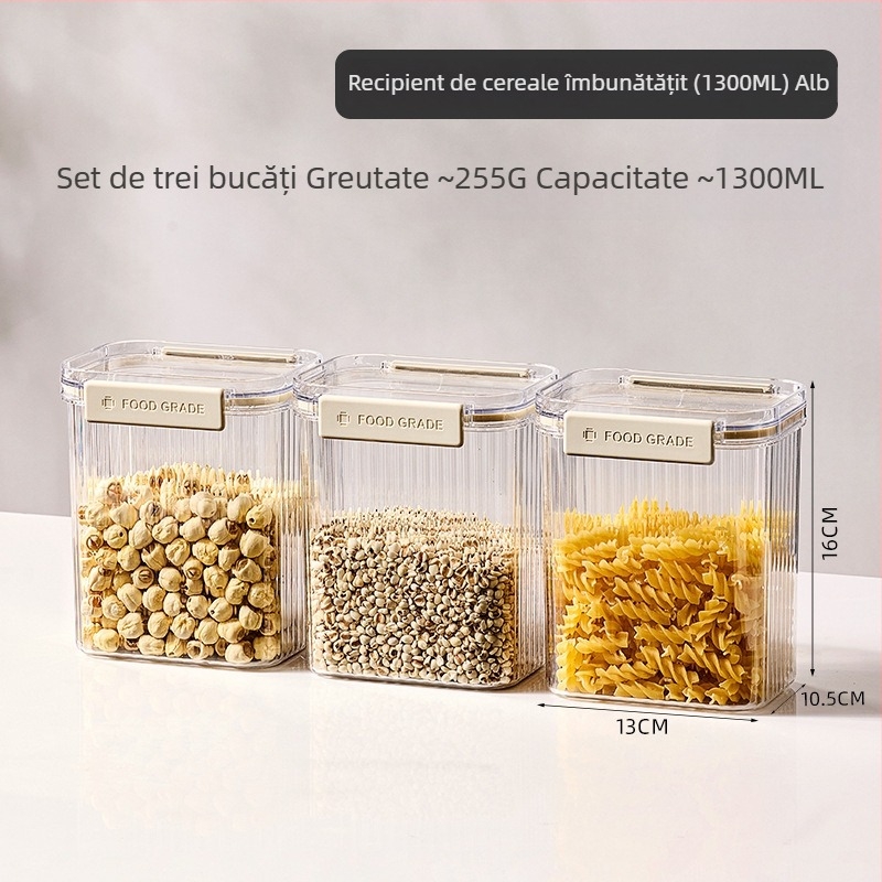 Recipient sigilat din plastic pentru cereale și bunuri uscate, pătrat, 1-2 L, stil modern minimalist, personalizare disponibilă, etichetă privată autorizată