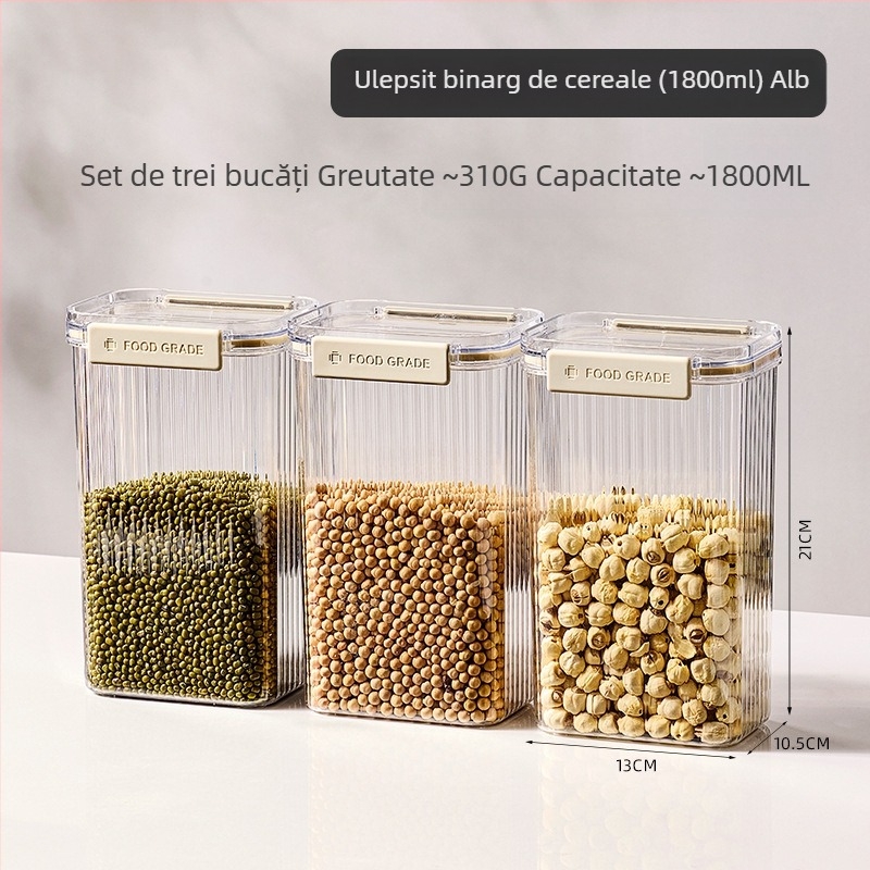 Recipient sigilat din plastic pentru cereale și bunuri uscate, pătrat, 1-2 L, stil modern minimalist, personalizare disponibilă, etichetă privată autorizată