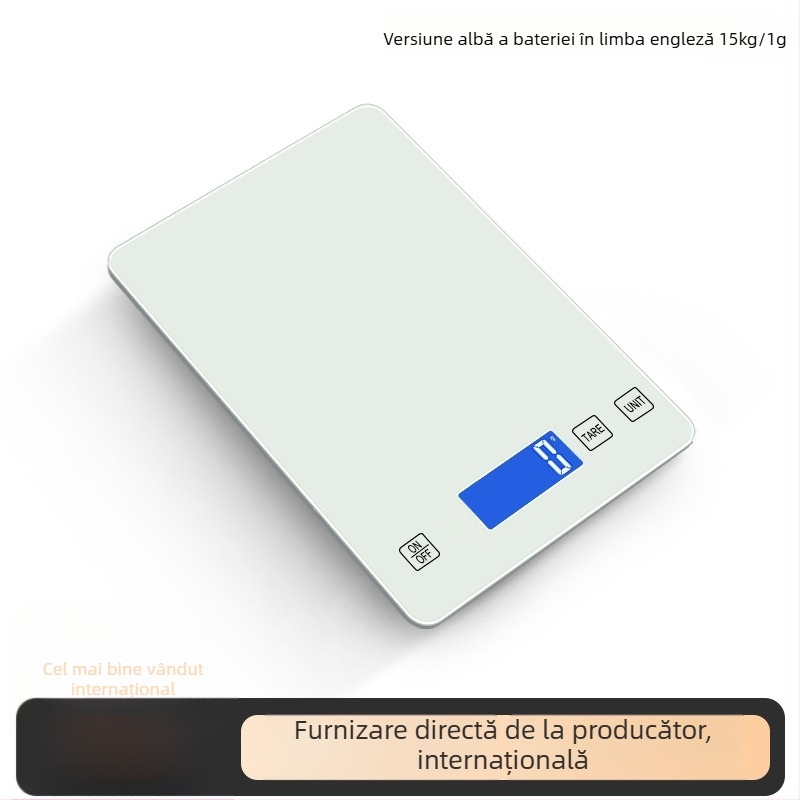 Cântar de bucătărie DH-A11, cu măsurare electronică, suprafață din sticlă digitală, capacitate 15 kg, alimentat cu baterie, multifuncțional.