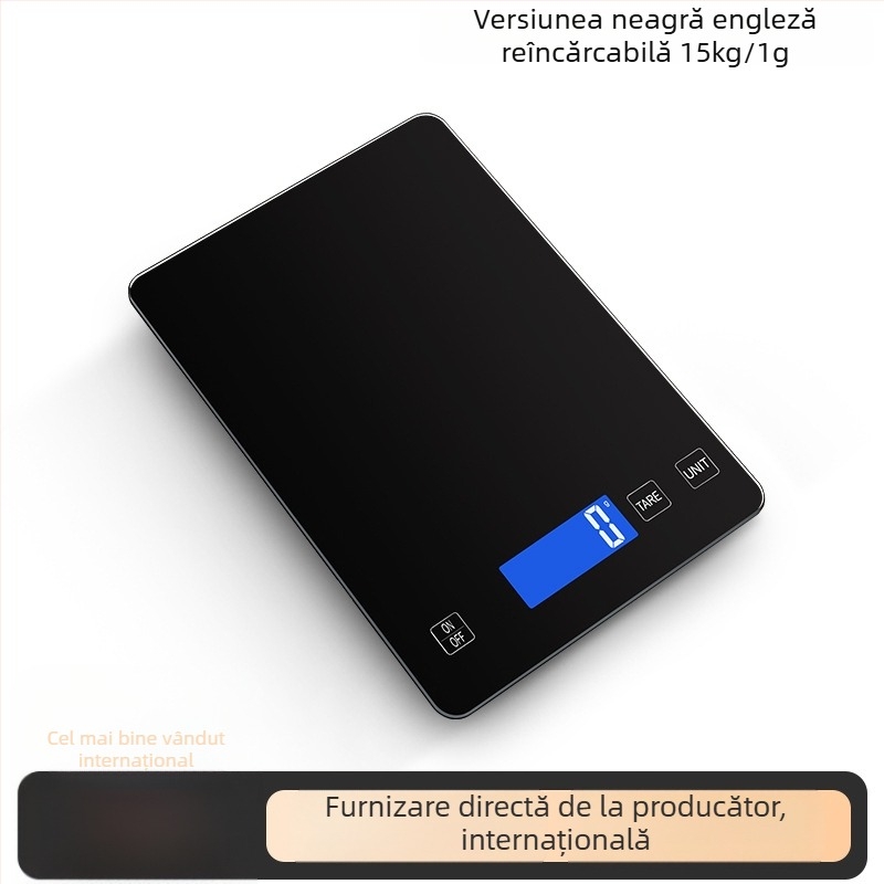 Cântar de bucătărie DH-A11, cu măsurare electronică, suprafață din sticlă digitală, capacitate 15 kg, alimentat cu baterie, multifuncțional.