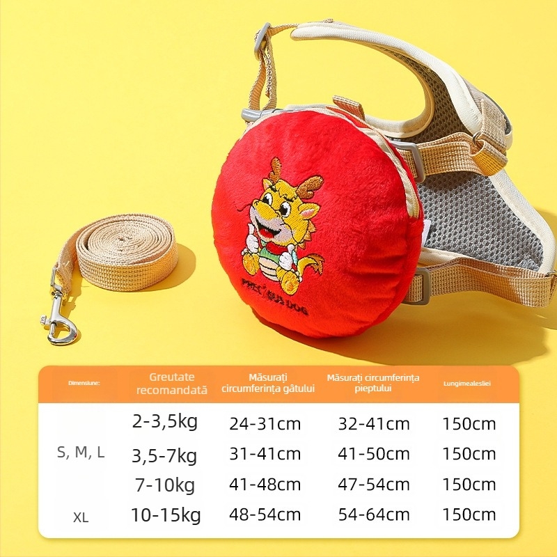 Harnasă pentru câini cu design 3D animat, curea toracică din nylon reglabilă, rucsac încorporat pentru câini mici, lesă de plimbare