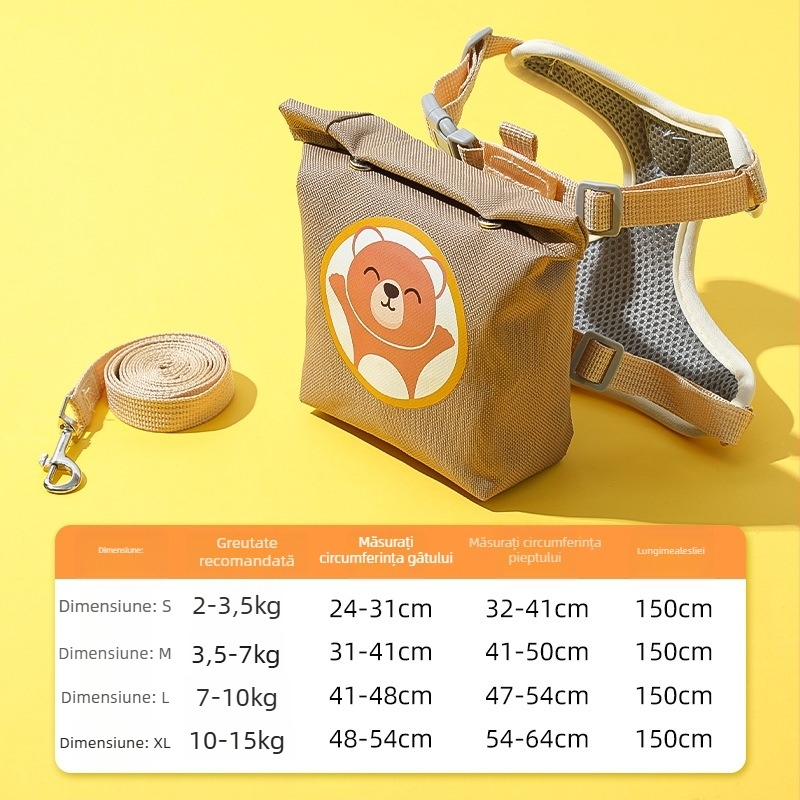 Harnasă pentru câini cu design 3D animat, curea toracică din nylon reglabilă, rucsac încorporat pentru câini mici, lesă de plimbare