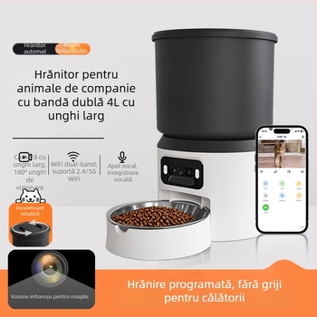 Hrănitor inteligent automat pentru pisici și câini, capacitate 4L, dozare temporizată, monitorizare de la distanță cu video și voce, cameră, control prin aplicație