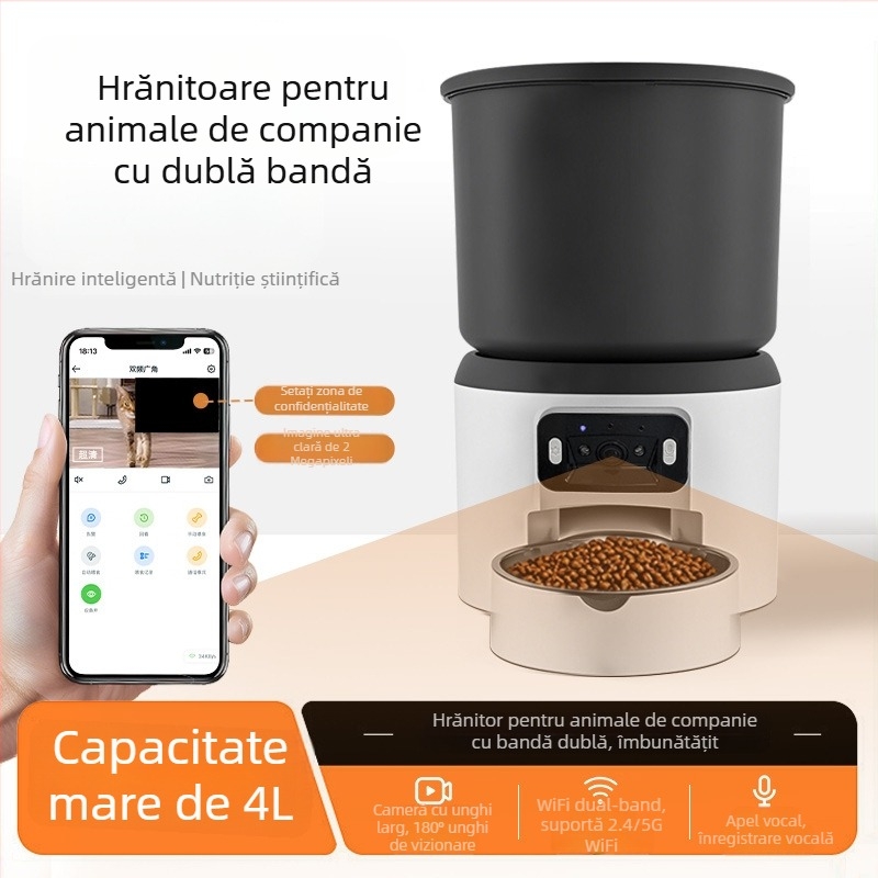 Hrănitor inteligent automat pentru pisici și câini, capacitate 4L, dozare temporizată, monitorizare de la distanță cu video și voce, cameră, control prin aplicație