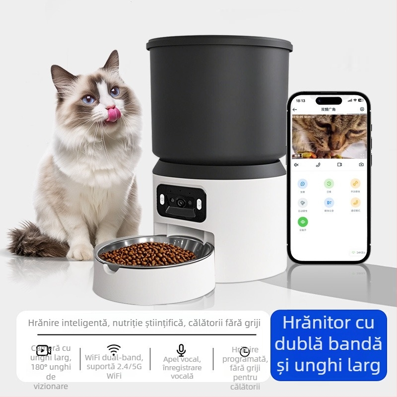 Hrănitor inteligent automat pentru pisici și câini, capacitate 4L, dozare temporizată, monitorizare de la distanță cu video și voce, cameră, control prin aplicație