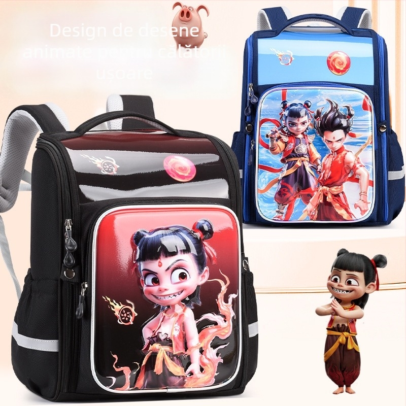 Rucsac școlar pentru elevi din ciclul primar – unisex, material impermeabil, reducerea încărcăturii și protecția coloanei, imprimeu Nezha