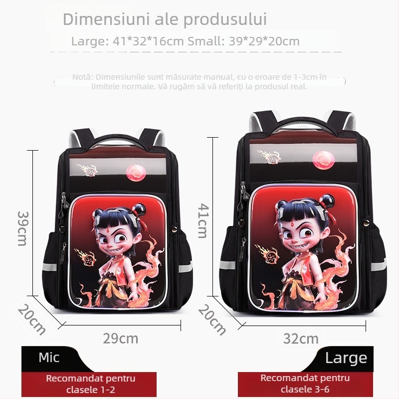 Rucsac școlar pentru elevi din ciclul primar – unisex, material impermeabil, reducerea încărcăturii și protecția coloanei, imprimeu Nezha