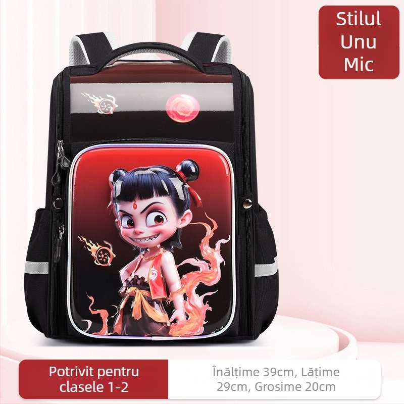 Rucsac școlar pentru elevi din ciclul primar – unisex, material impermeabil, reducerea încărcăturii și protecția coloanei, imprimeu Nezha