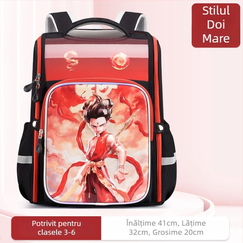 Rucsac școlar pentru elevi din ciclul primar – unisex, material impermeabil, reducerea încărcăturii și protecția coloanei, imprimeu Nezha