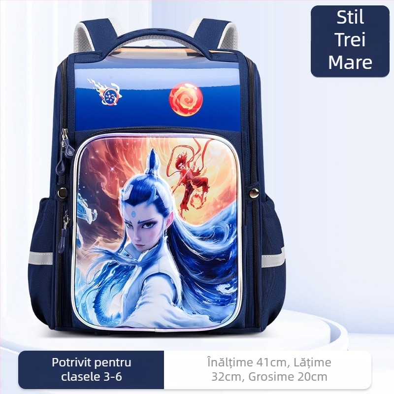 Rucsac școlar pentru elevi din ciclul primar – unisex, material impermeabil, reducerea încărcăturii și protecția coloanei, imprimeu Nezha