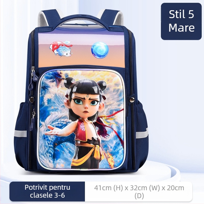 Rucsac școlar pentru elevi din ciclul primar – unisex, material impermeabil, reducerea încărcăturii și protecția coloanei, imprimeu Nezha