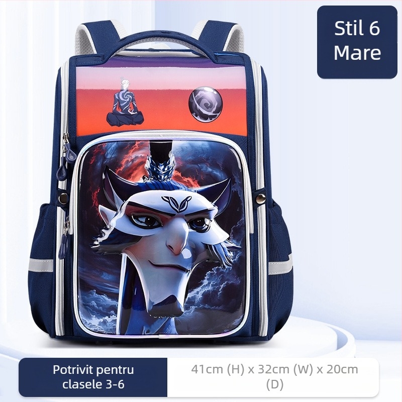 Rucsac școlar pentru elevi din ciclul primar – unisex, material impermeabil, reducerea încărcăturii și protecția coloanei, imprimeu Nezha