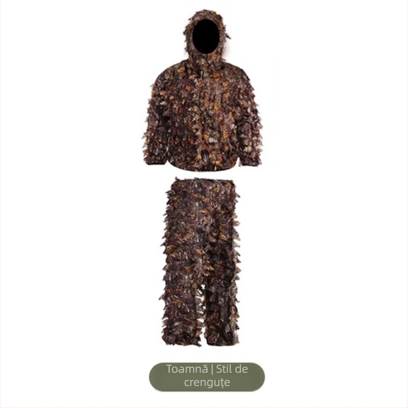 Costum ghillie camuflaj outdoor pentru adulți, unisex, cu model de frunze 3D, țesătură poliester, respirabil și rezistent, pentru drumeții, camping, vânătoare și pescuit