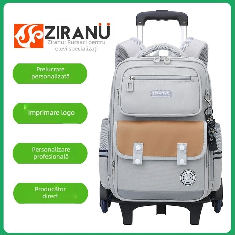 Natural Fish ghiozdan școlar cu roti pentru elevi, 20–35L, material Oxford, cu tijă de tragere, roți de tip avion, organizator intern (buzunar cu fermoar, buzunar pentru ID, buzunar laminat cu fermoar)