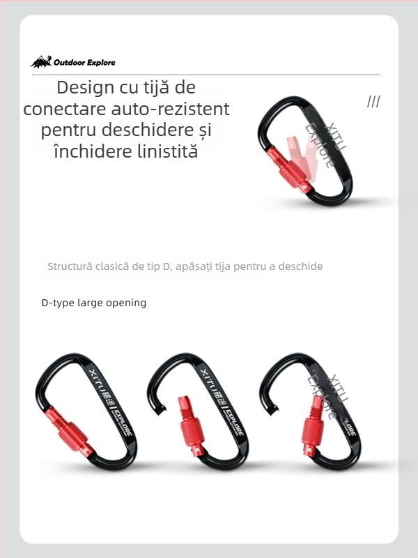 Carabiner D-Type cu încuietoare, lanț pentru chei, pentru camping în aer liber, stil mini
