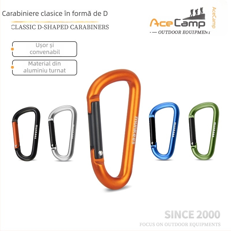 Carabiner din oțel inoxidabil, în formă D – cârlig mic cu încuietoare – inel de chei multifuncțional pentru rucsac de drumeție | capacitate de încărcare: 60