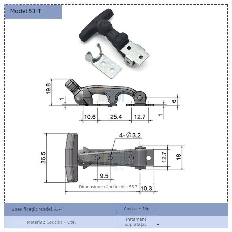 Cuplă de blocare elastică pentru cutie de unelte, tip T – KK709, material: cauciuc + oțel carbon, pentru containere și cutii de distribuție