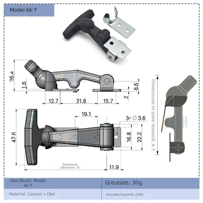 Cuplă de blocare elastică pentru cutie de unelte, tip T – KK709, material: cauciuc + oțel carbon, pentru containere și cutii de distribuție